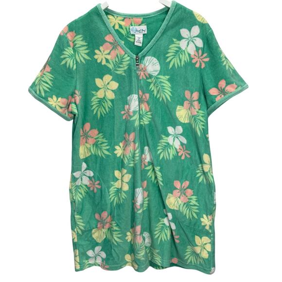 Coral Bay Leisure Swim Cover Up Robe Size XL Green Floral Terry Short Sleeve Zip - Picture 1 of 6